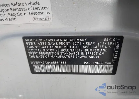 2010 Volkswagen Cc Sport from USA, damaged, VIN WVWNN7AN4AE561686